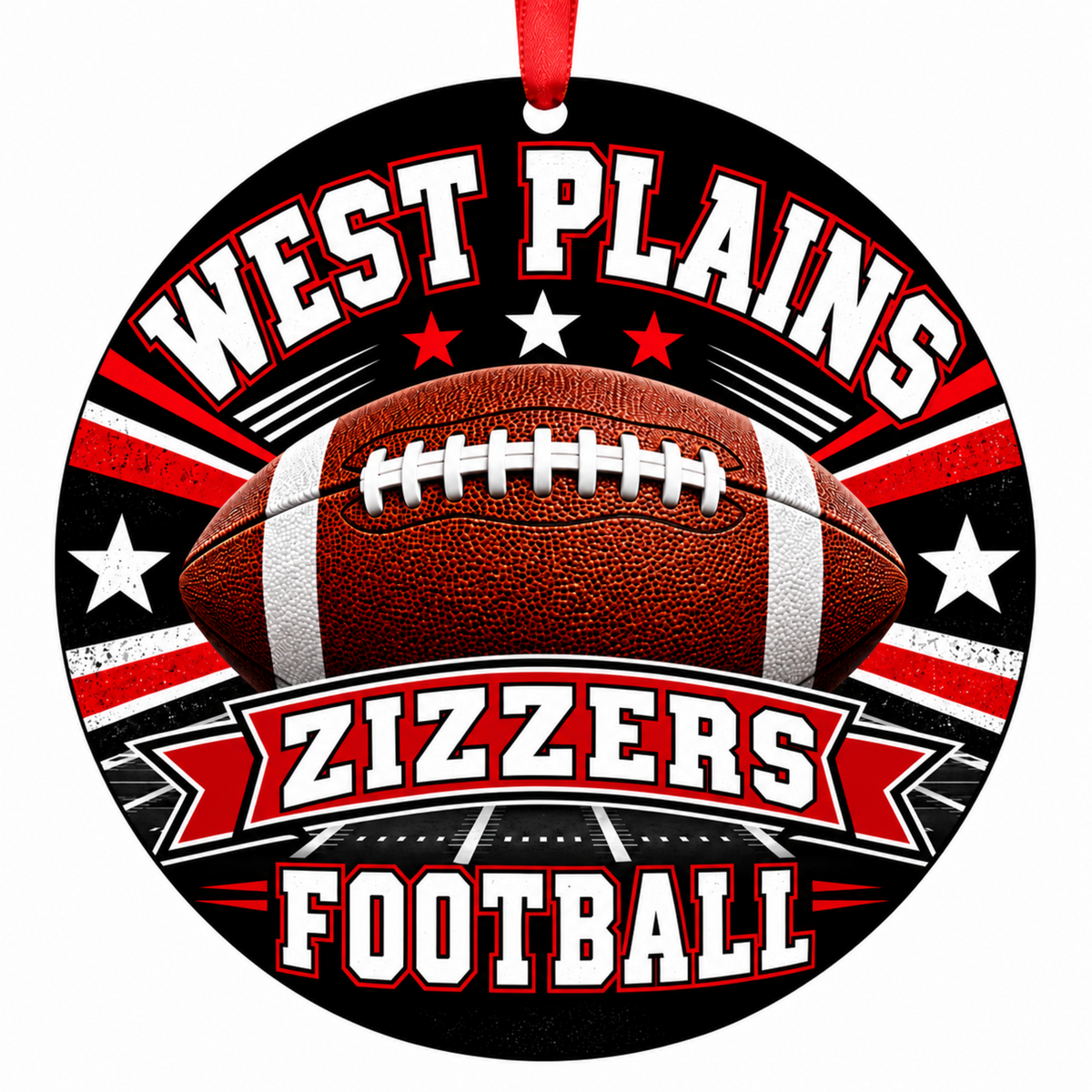 West Plains High School Zizzers Classic Football Christmas ornament in black and red with white accents with red hanging ribbon