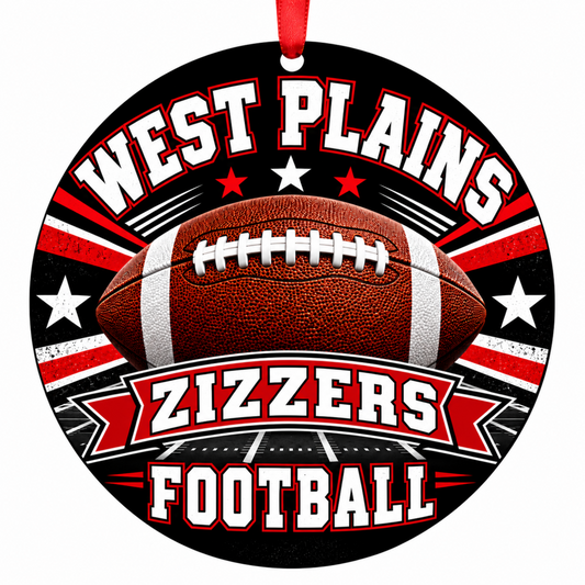 West Plains High School Zizzers Classic Football Christmas ornament in black and red with white accents with red hanging ribbon