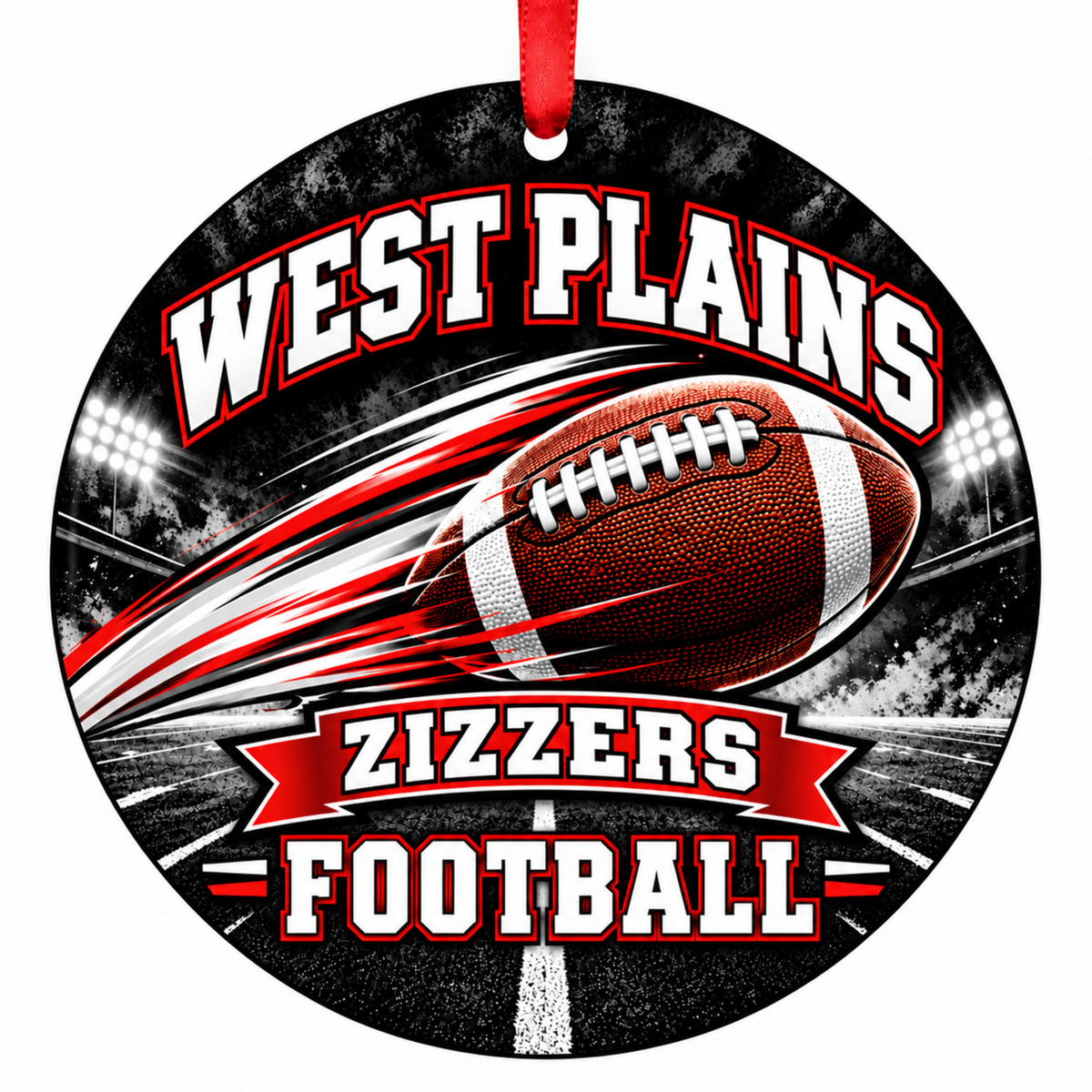 West Plains High School Zizzers Football in Motion Christmas ornament in black and red with white accents with red hanging ribbon