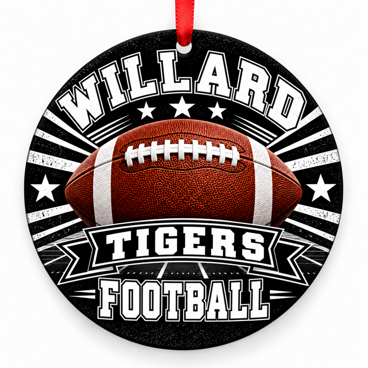 Willard Tigers Classic Football 3-inch round Christmas ornament in black and white with red ribbon, Willard Missouri