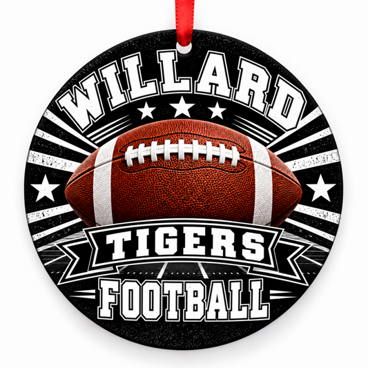 Willard Tigers Classic Football 3-inch round Christmas ornament in black and white with red ribbon, Willard Missouri