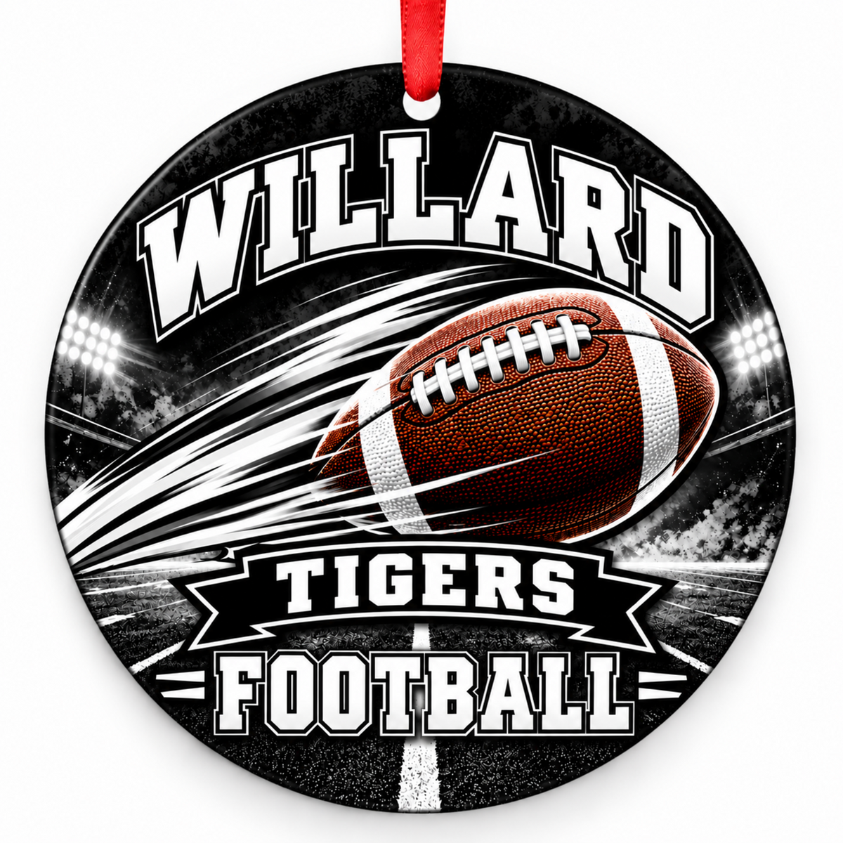 Willard Tigers Football in Motion 3-inch round Christmas ornament in black and white with red ribbon, Willard Missouri