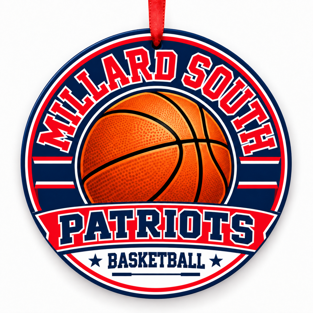 Millard South High School Patriots basketball round Christmas ornament with red ribbon