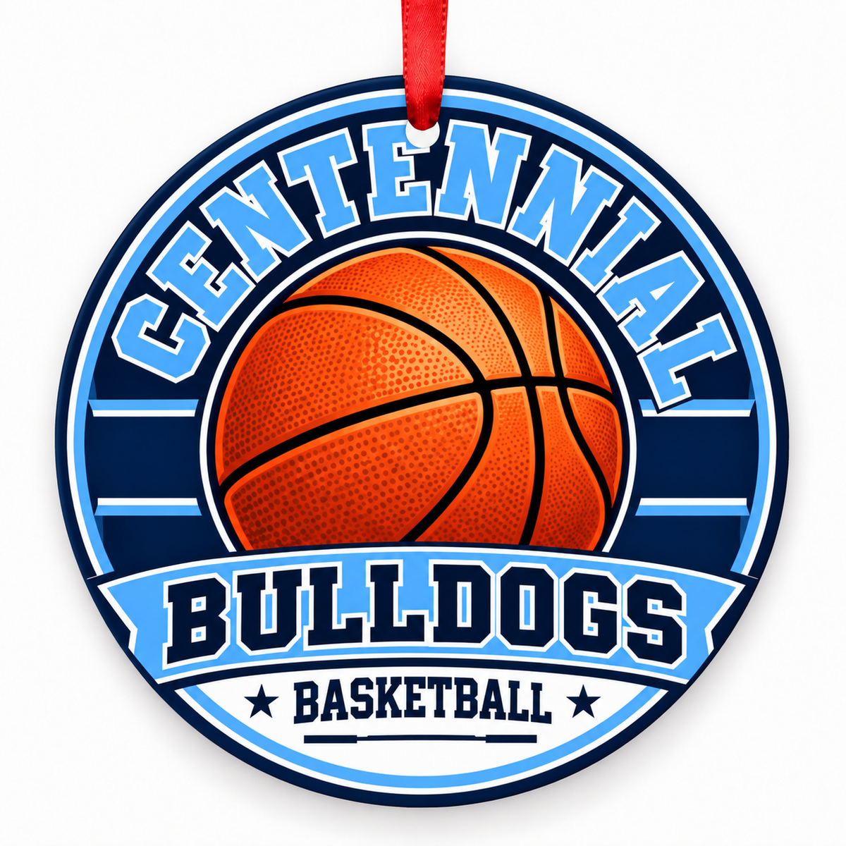 Centennial HS Bulldogs basketball round Christmas ornament with red ribbon