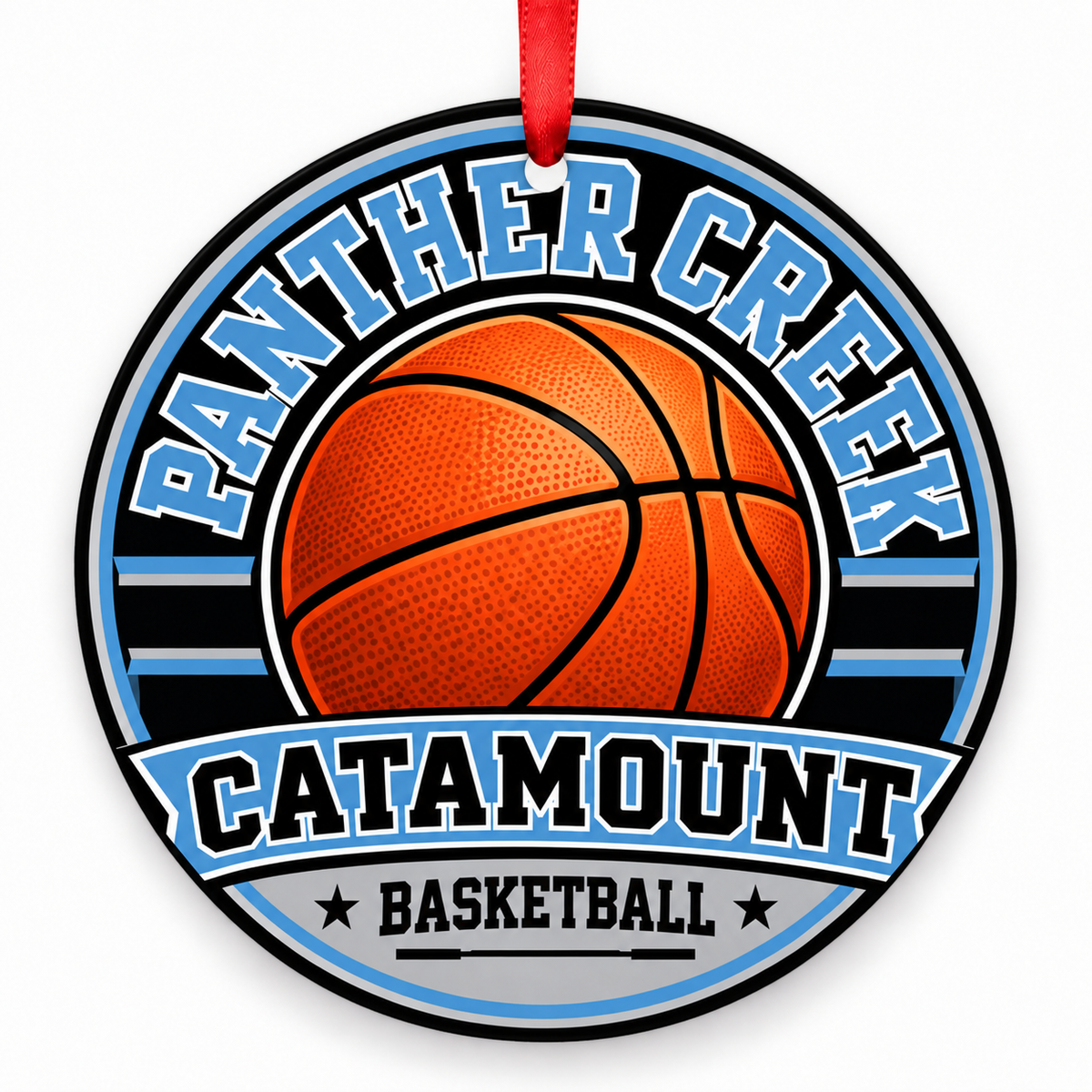 Panther Creek High School Catamount basketball round Christmas ornament with red ribbon