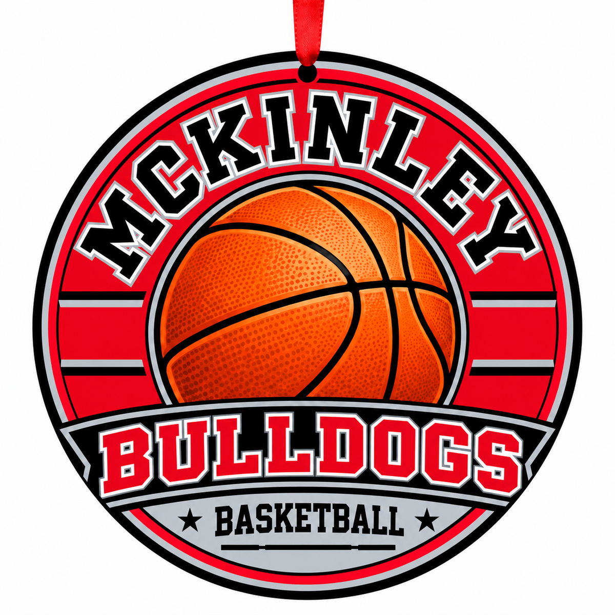 McKinley High School Bulldogs basketball ornament with red ribbon, Canton Ohio