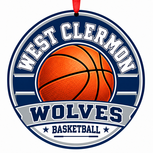 West Clermont High School Wolves basketball ornament with red ribbon, Cincinnati Ohio