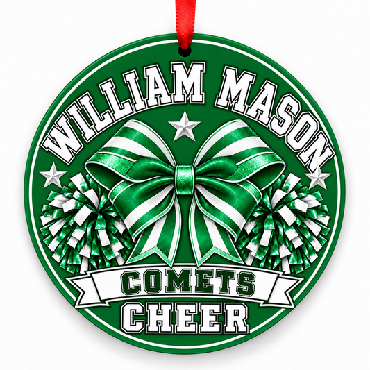 William Mason High School Comets cheer bow and pom-poms Christmas ornament in Kelly green and white with red ribbon