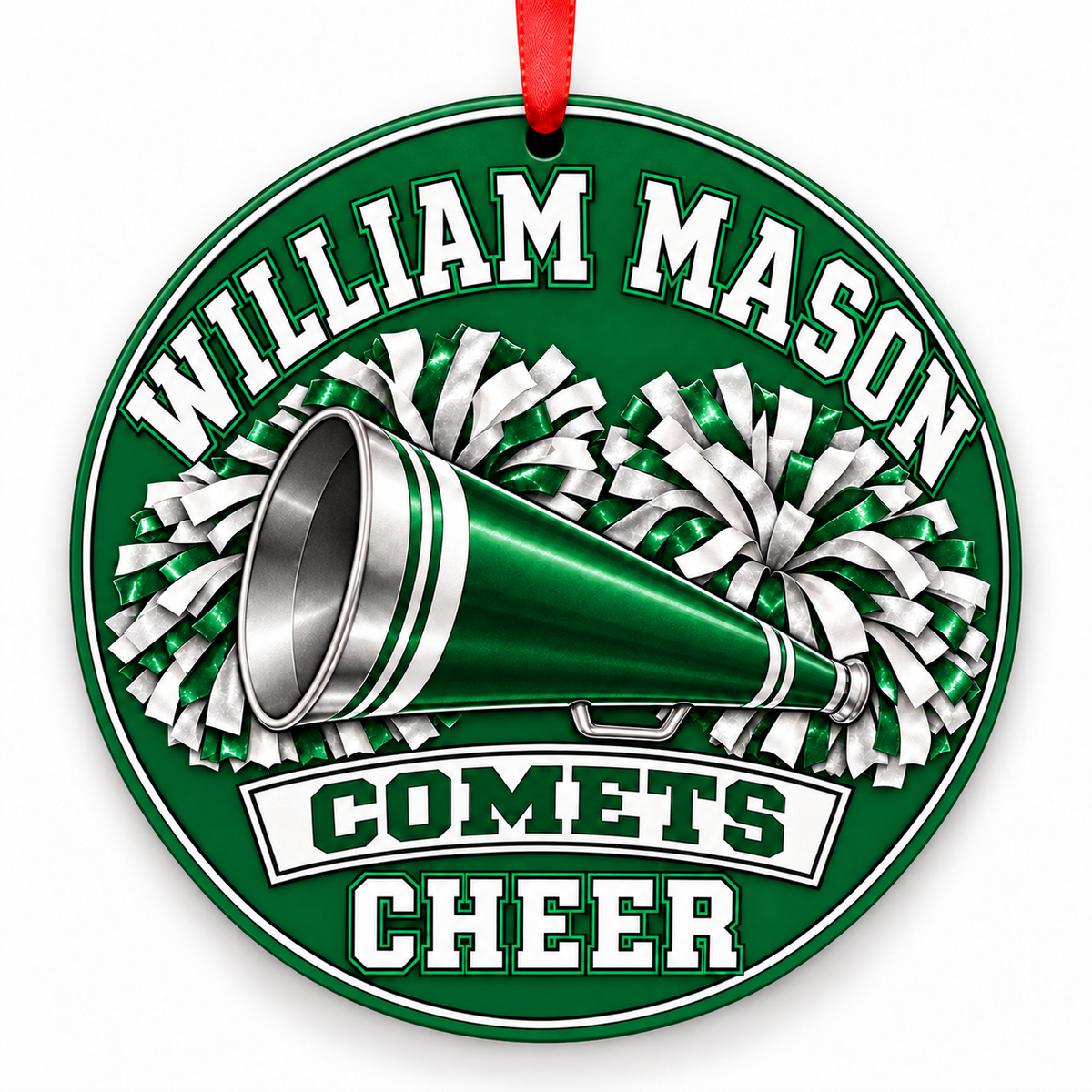 William Mason High School Comets cheer megaphone and pom-poms Christmas ornament in Kelly green and white with red ribbon