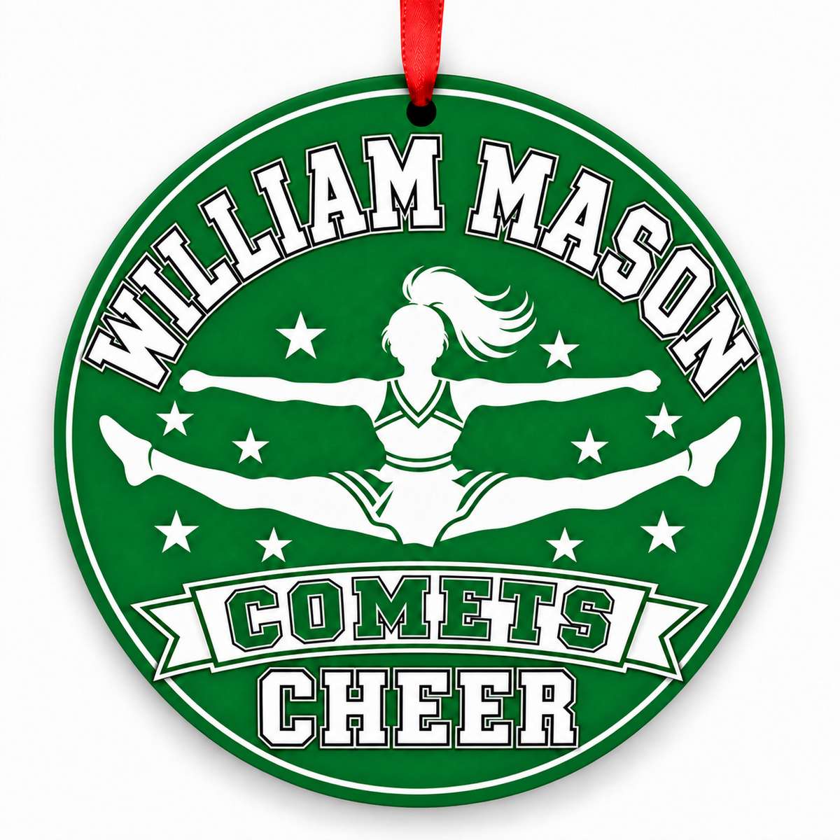 William Mason High School Comets cheer toe-touch jump Christmas ornament in Kelly green and white with red ribbon