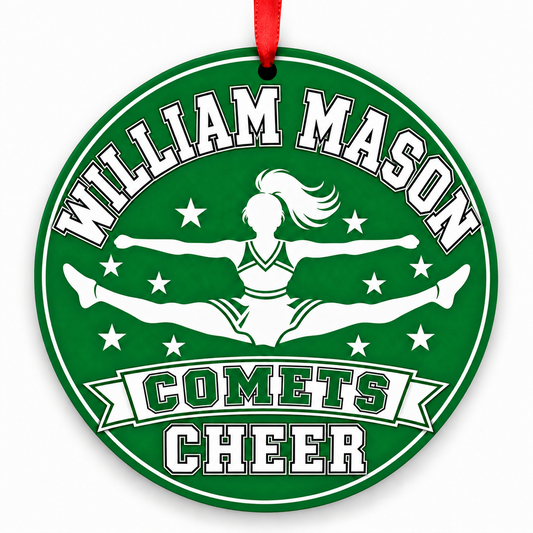 William Mason High School Comets cheer toe-touch jump Christmas ornament in Kelly green and white with red ribbon