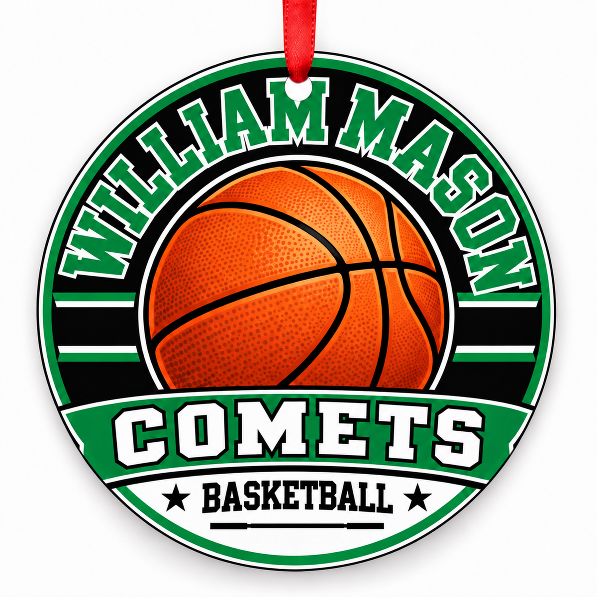William Mason Comets basketball Christmas ornament with red ribbon
