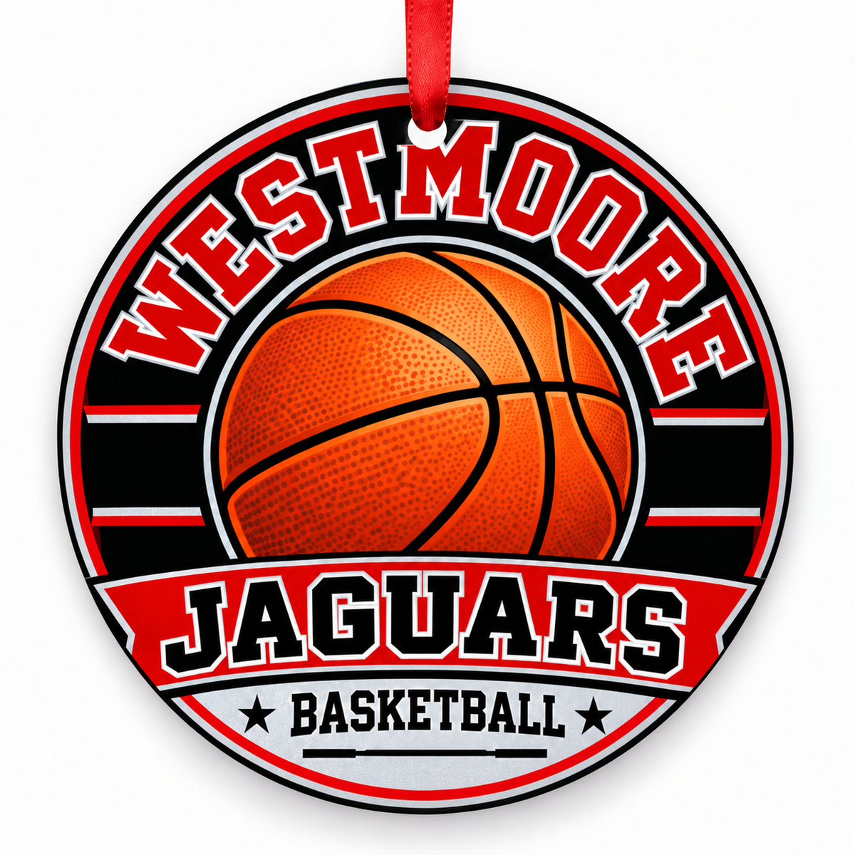 Westmoore High School Jaguars basketball round Christmas ornament with red ribbon