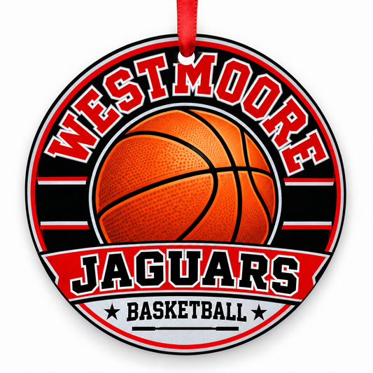 Westmoore High School Jaguars basketball round Christmas ornament with red ribbon