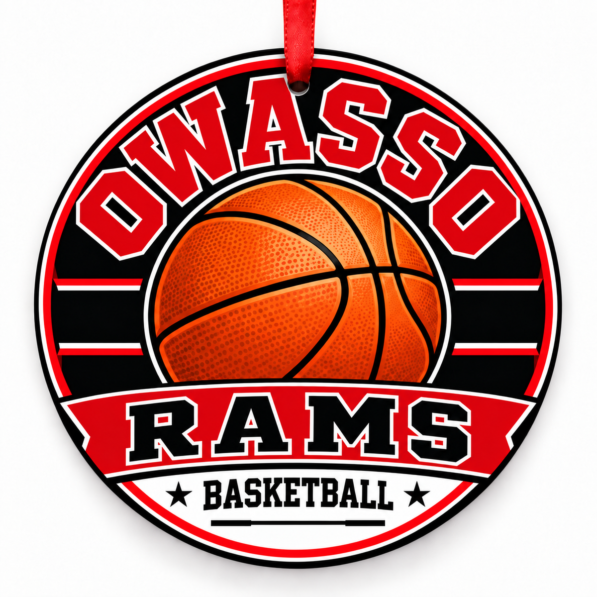 OWASSO HS Rams basketball round Christmas ornament with red ribbon