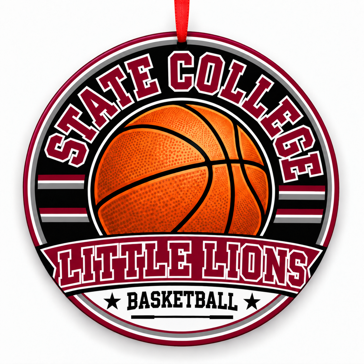 State College Area High School Little Lions basketball round Christmas ornament with red ribbon