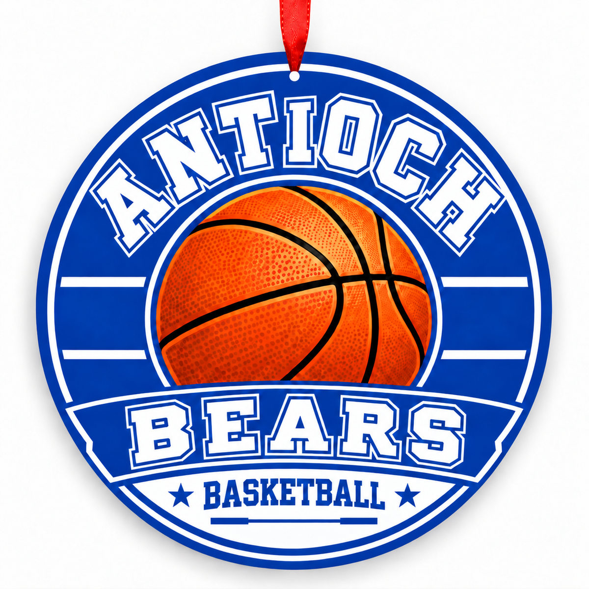 Antioch High School Bears basketball round Christmas ornament with red ribbon