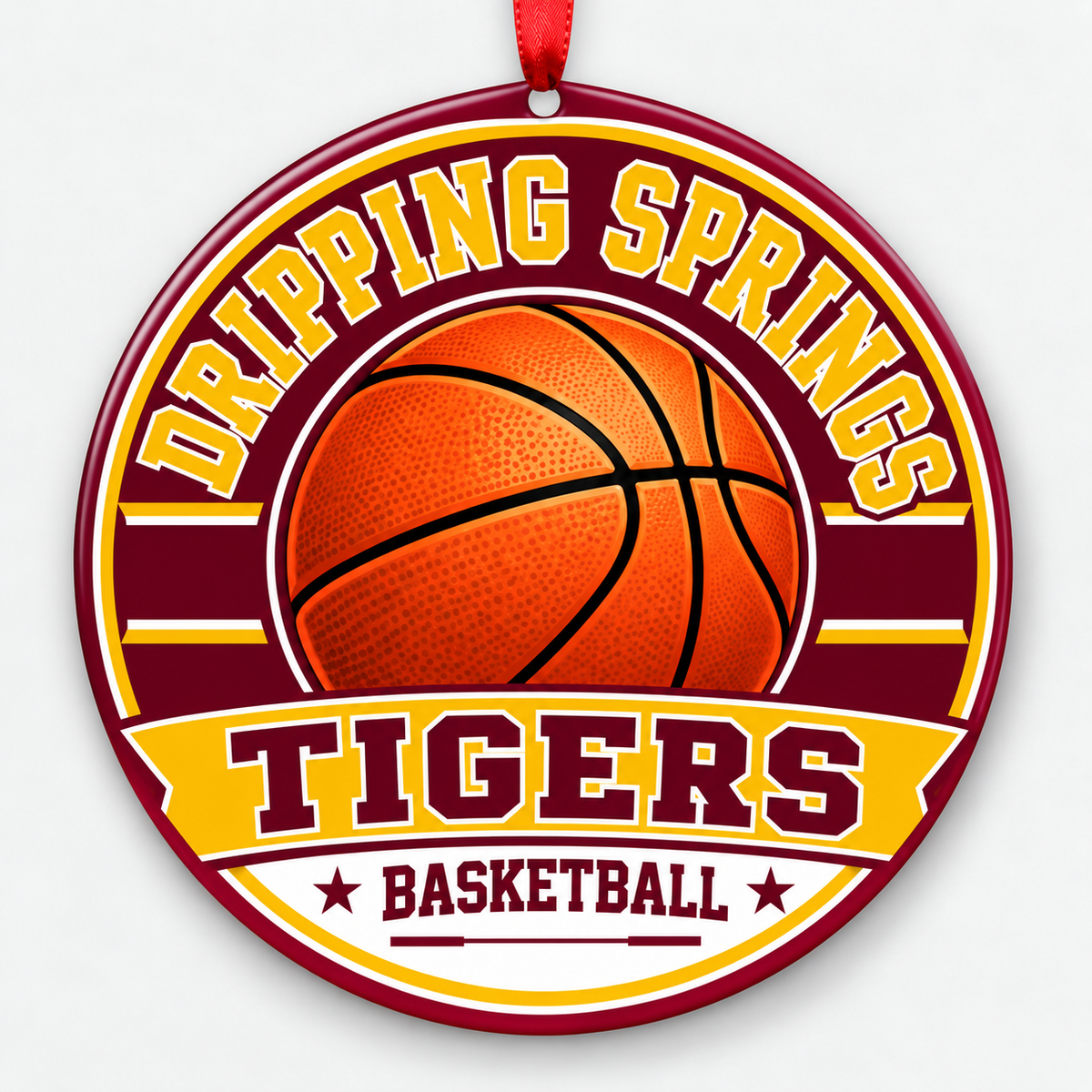 Dripping Springs High School Tigers basketball Christmas ornament in maroon and gold