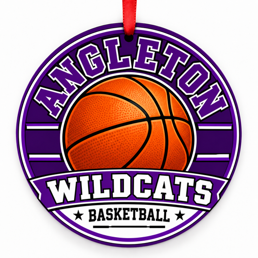 Angleton High School Wildcats basketball ornament in purple and white with cropped red ribbon