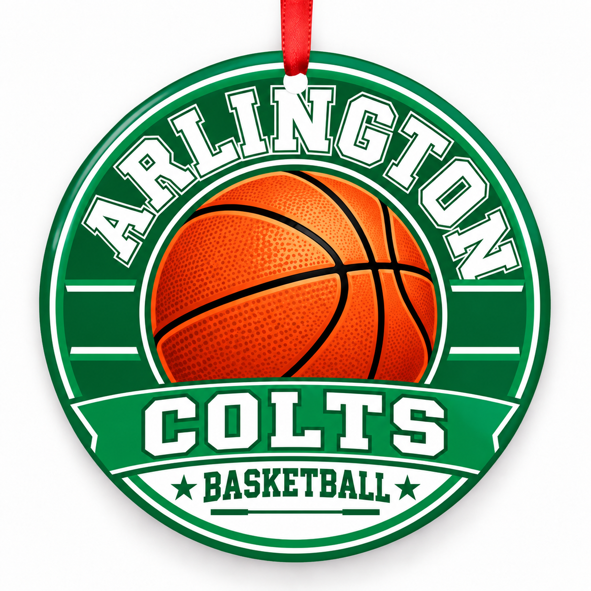Arlington High School Colts basketball round Christmas ornament with red ribbon
