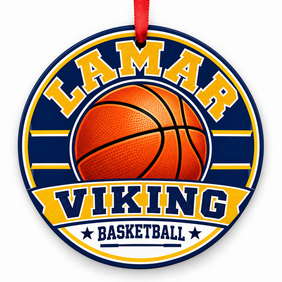 Lamar High School Viking basketball round Christmas ornament with red ribbon