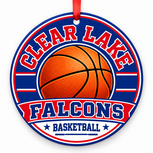 CLEAR LAKE H S Falcons basketball ornament with cropped red ribbon