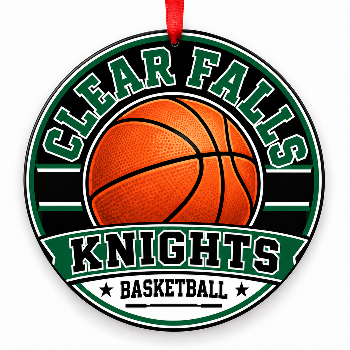 Clear Falls High School Knights basketball Christmas ornament in hunter green, black and white