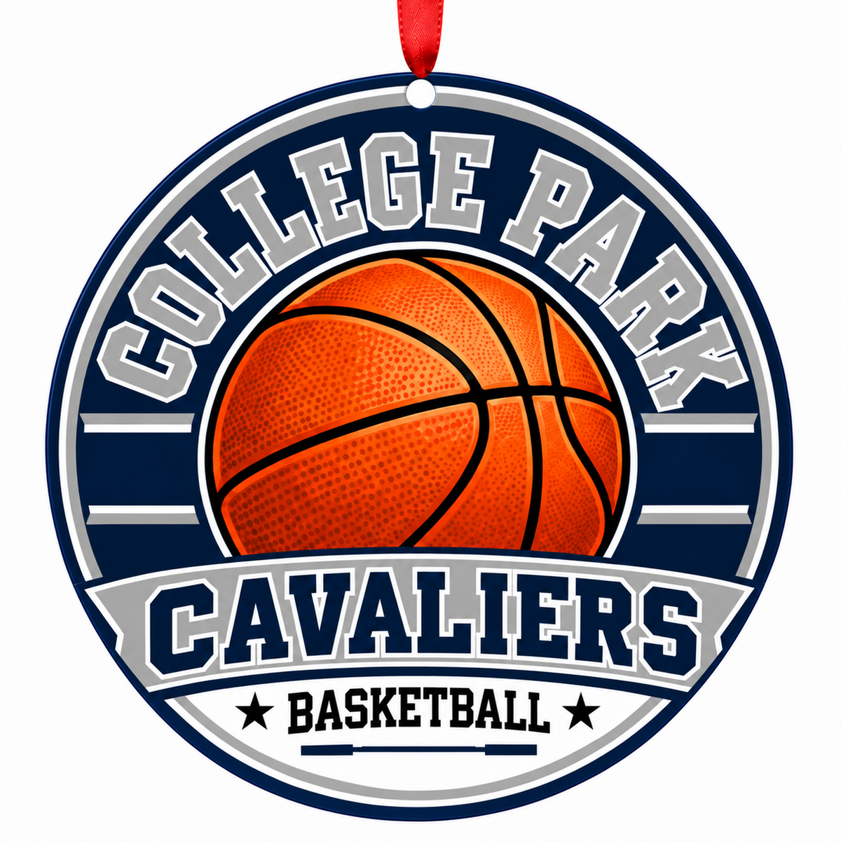 COLLEGE PARK H S Cavaliers basketball ornament in Navy; Silver | Official color names; numeric codes not established; no guessed hex values., The Woodlands Texas