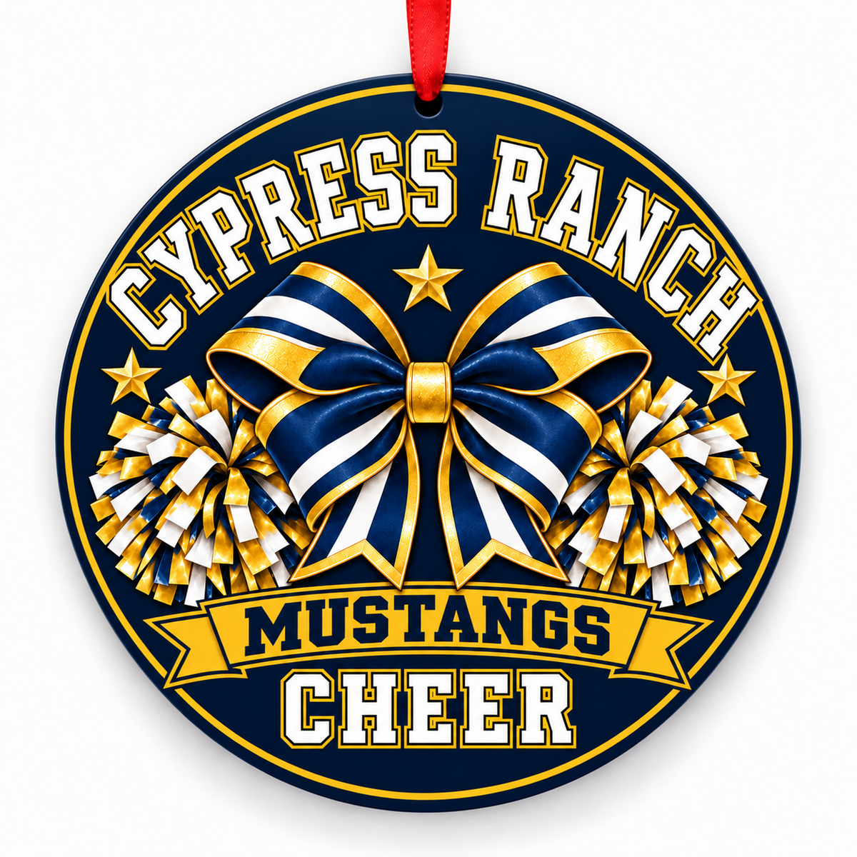 Cypress Ranch High School Mustangs cheer bow and pom-poms Christmas ornament in navy, gold, and white with red ribbon
