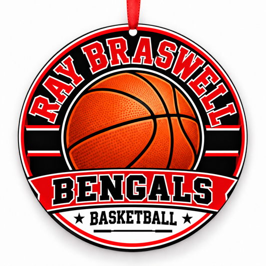 RAY BRASWELL H S Bengals basketball ornament in Red; Black, Aubrey, Texas