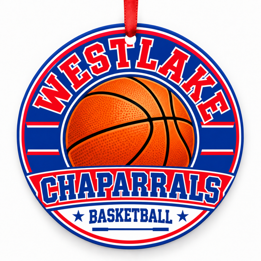 Westlake High School Chaparrals basketball round Christmas ornament with red ribbon