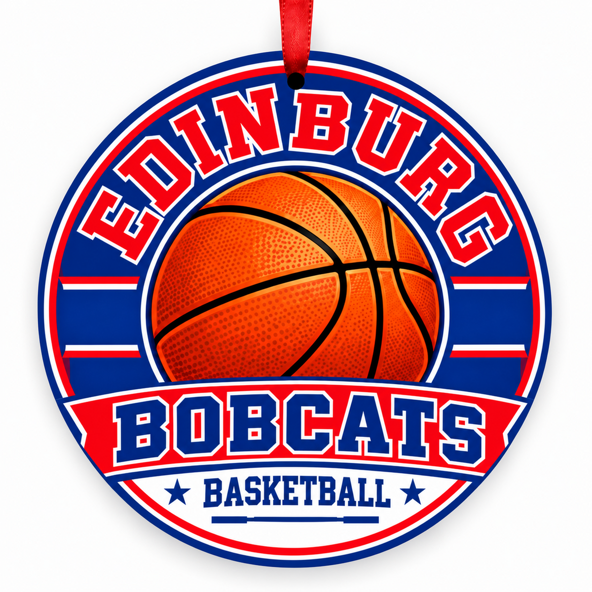 EDINBURG H S Bobcats basketball ornament with red ribbon, EDINBURG Texas