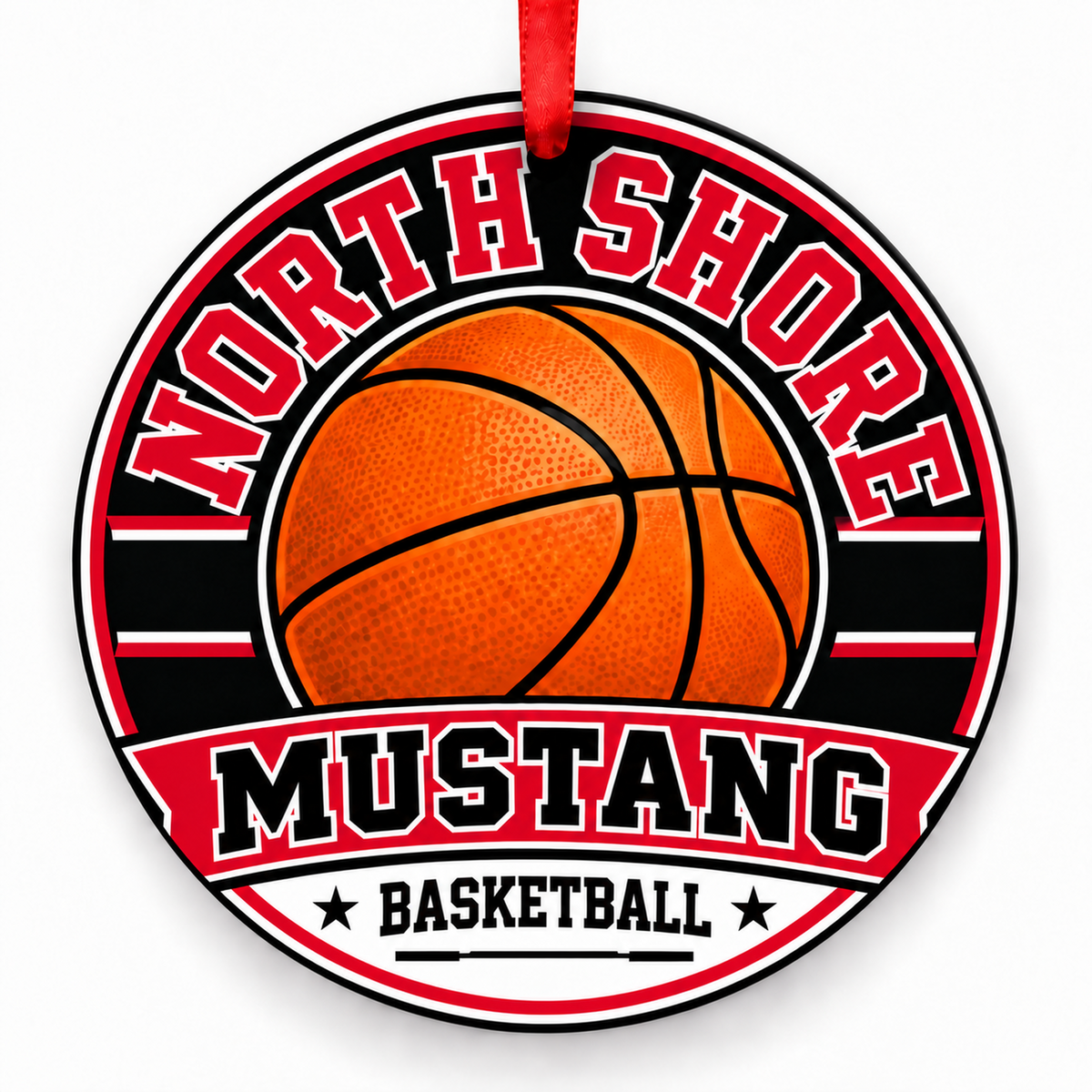 North Shore Senior High School Mustangs basketball ornament with red ribbon, Houston Texas