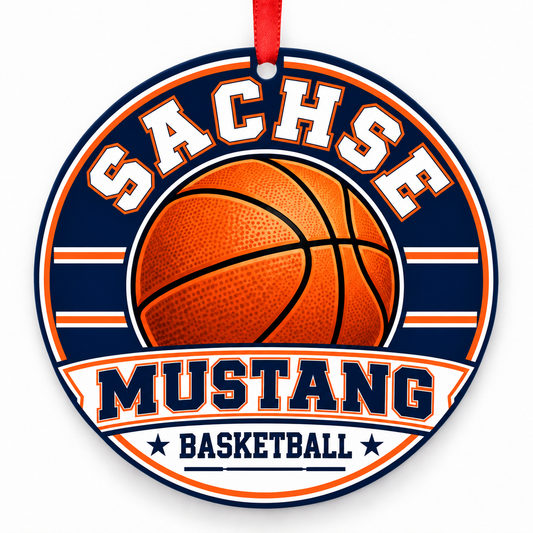 SACHSE H S Mustang basketball ornament in Navy blue; White; Orange accent (official wording: hint of orange); no numeric codes established., Sachse Texas
