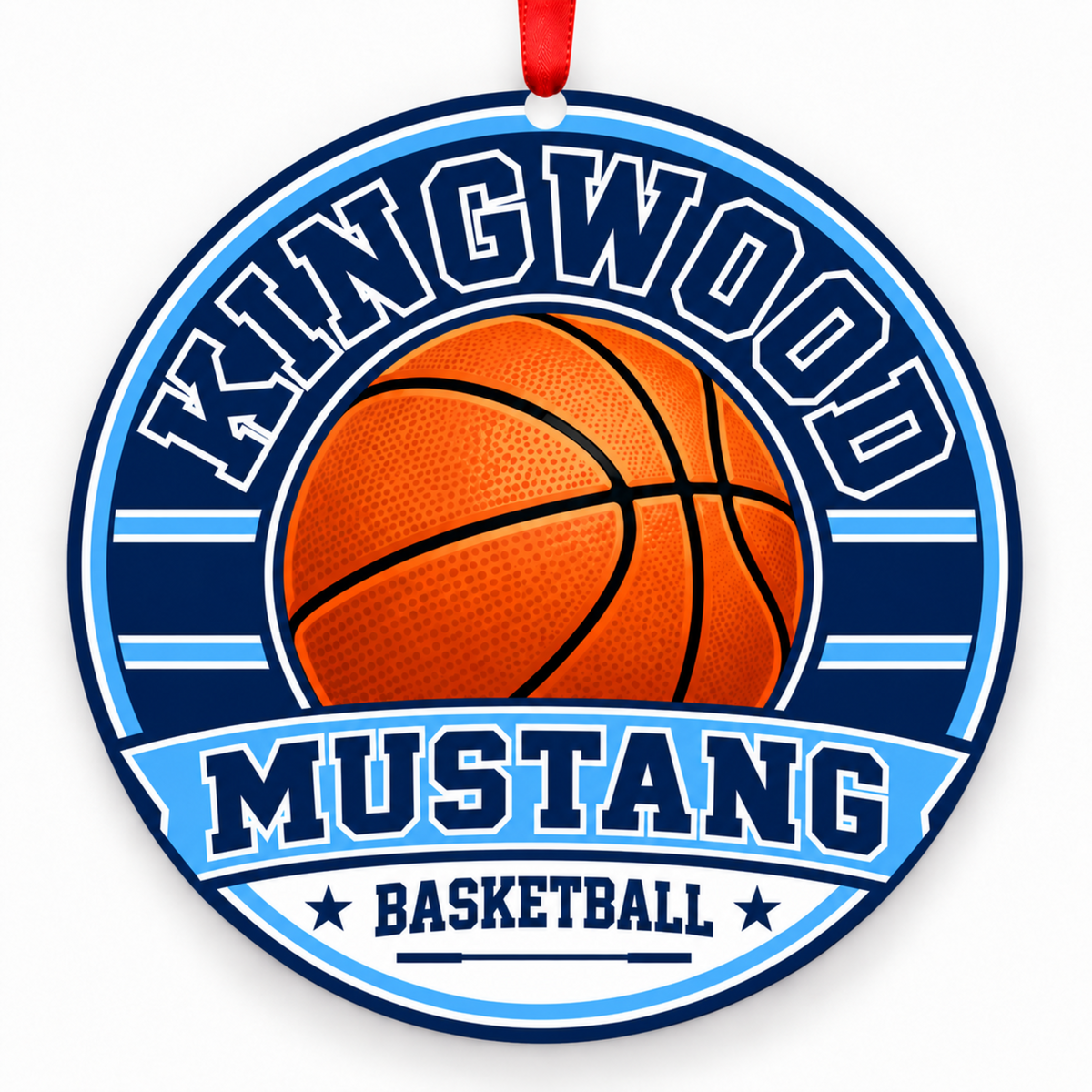 KINGWOOD H S Mustang basketball ornament in Navy #1C355E; Columbia blue #65B2E8; White #FFFFFF, Kingwood, Texas