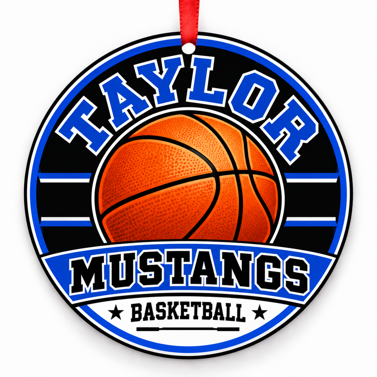 TAYLOR H S Mustangs basketball ornament in Royal Blue; White | Official color names; numeric codes not established; no guessed hex values., Katy Texas