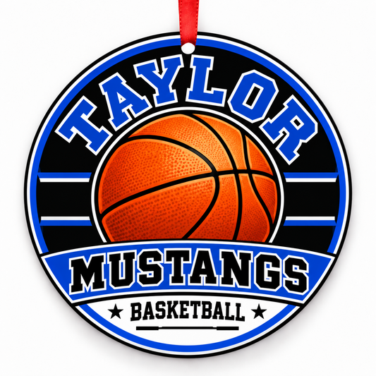 TAYLOR H S Mustangs basketball ornament in Royal Blue; White | Official color names; numeric codes not established; no guessed hex values., Katy Texas