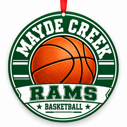 Mayde Creek High School Rams basketball ornament in Green; White, Houston Texas