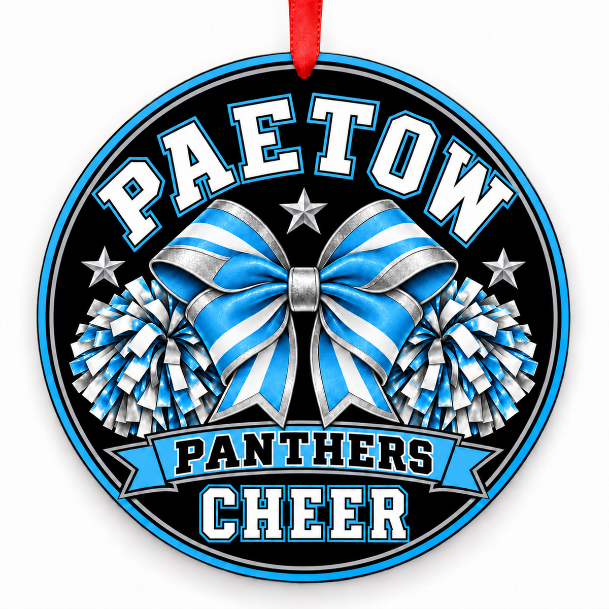 Paetow High School Panthers cheer bow and pom-poms Christmas ornament in light blue, white, gray, and black with red ribbon