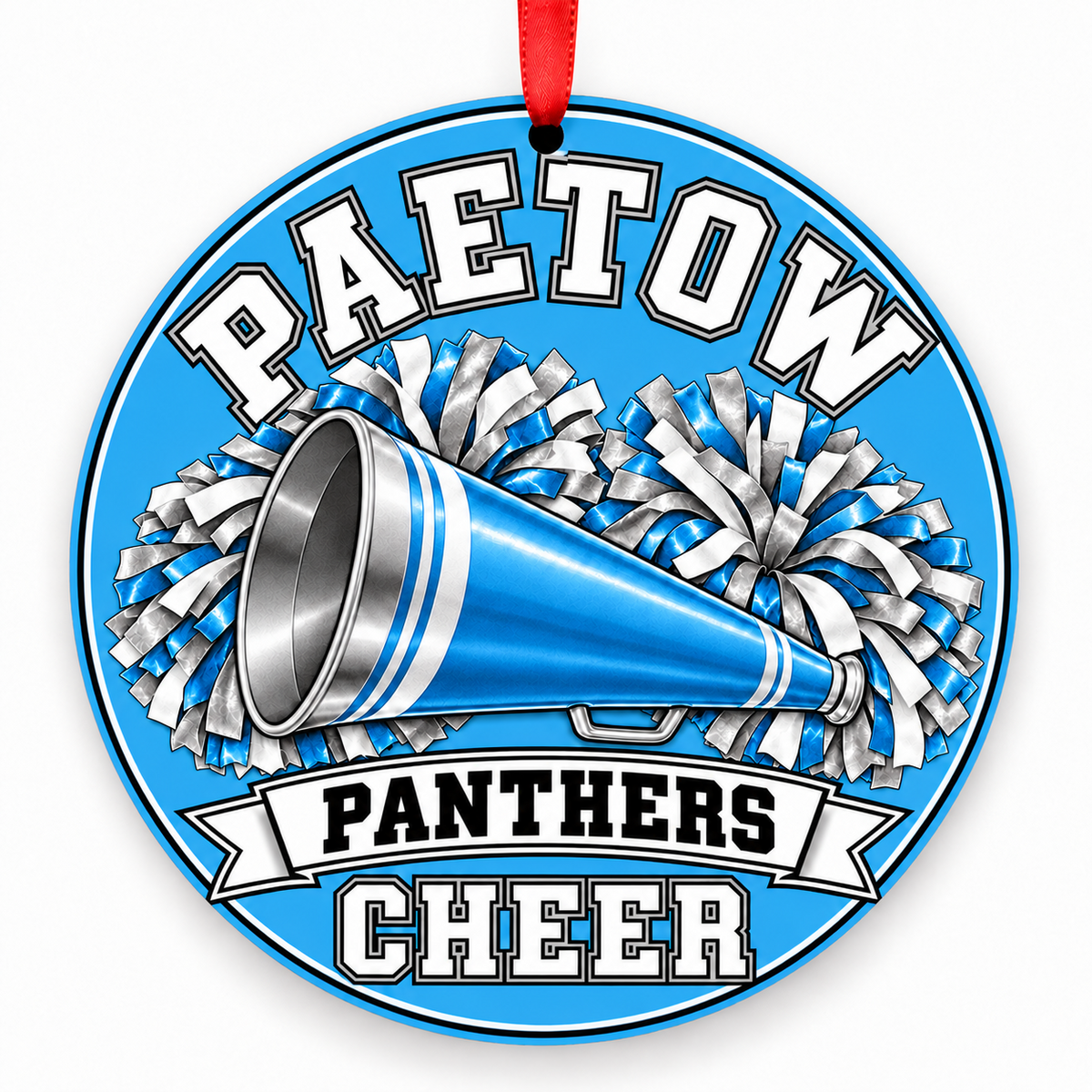 Paetow High School Panthers cheer megaphone and pom-poms Christmas ornament in light blue, white, gray, and black with red ribbon