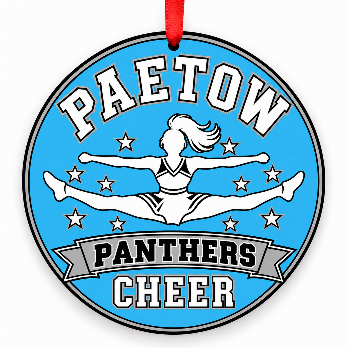 Paetow High School Panthers cheer toe-touch jump Christmas ornament in light blue, white, gray, and black with red ribbon