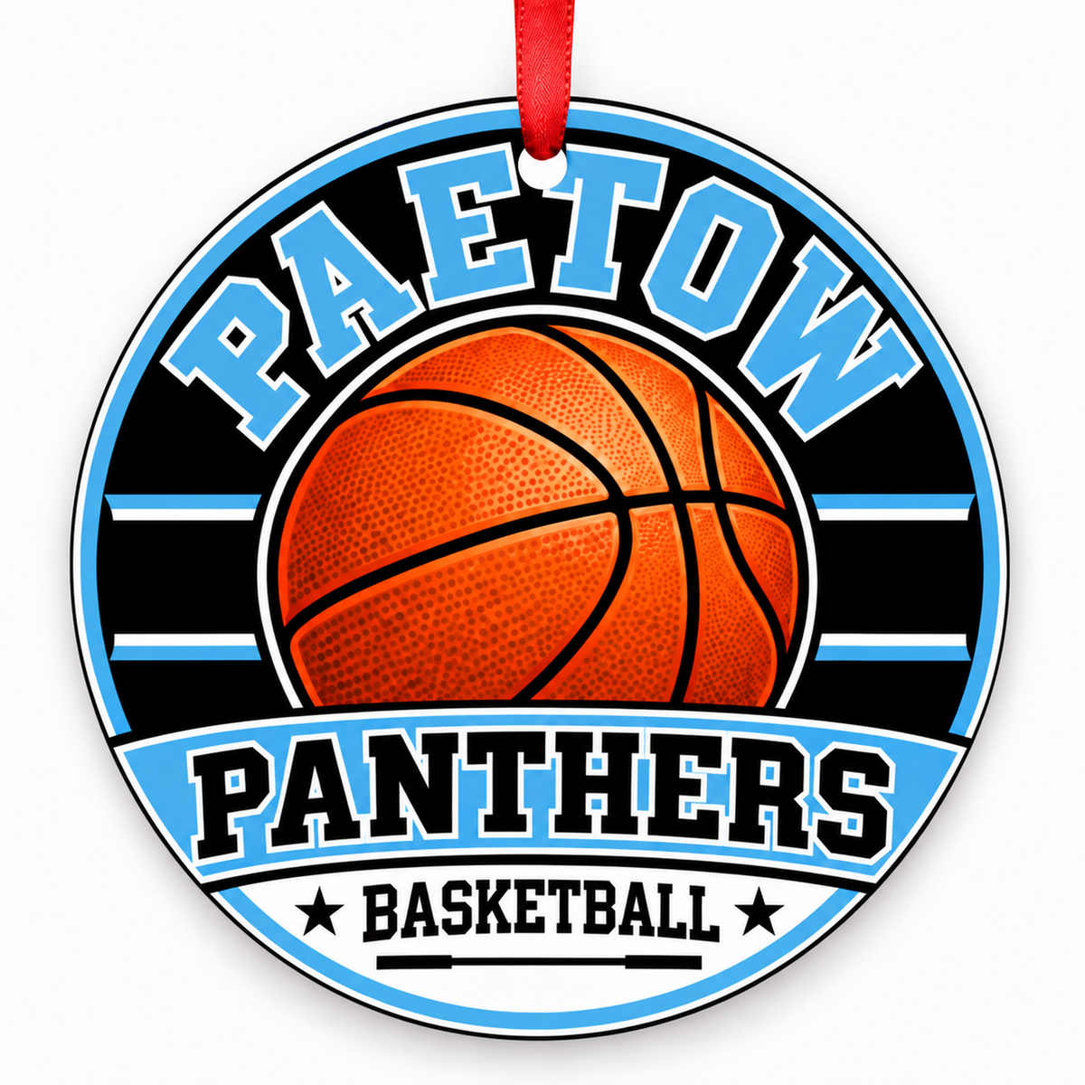 Paetow Panthers basketball Christmas ornament with red ribbon