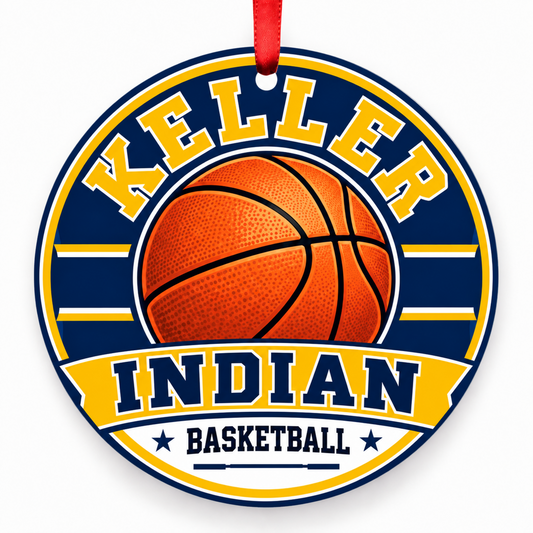 KELLER H S Indian basketball ornament in Navy blue; Gold, Keller, Texas