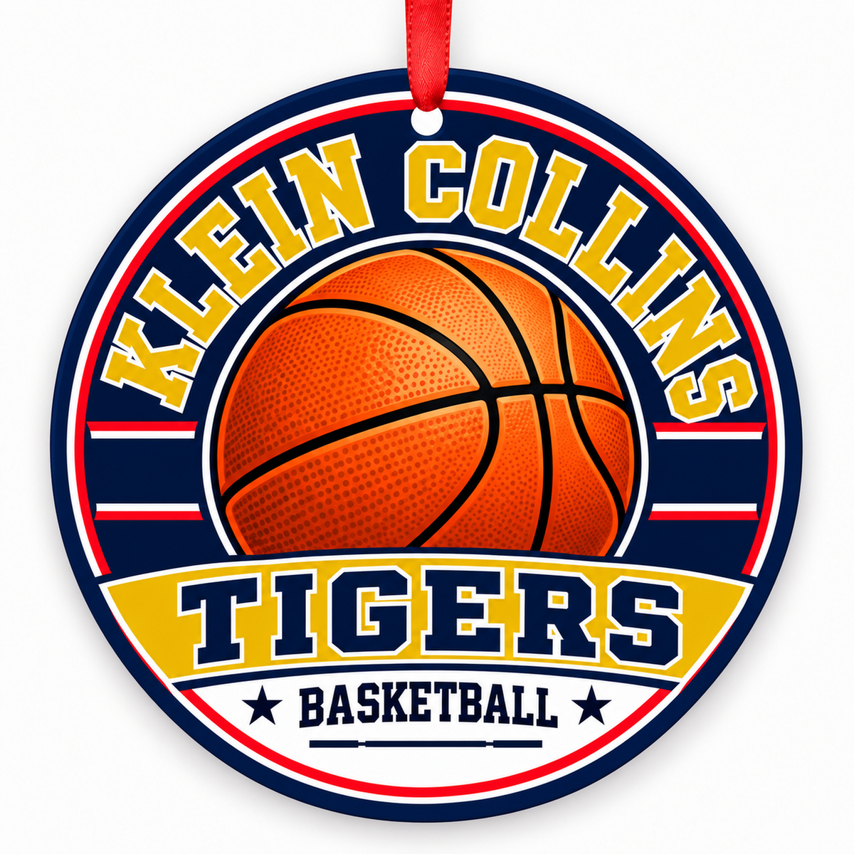 KLEIN COLLINS H S Tigers basketball ornament in Navy Blue; Gold; Red | Official color names; numeric codes not established; no guessed hex values., Klein Texas