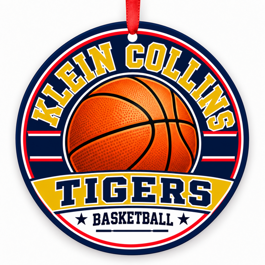 KLEIN COLLINS H S Tigers basketball ornament in Navy Blue; Gold; Red | Official color names; numeric codes not established; no guessed hex values., Klein Texas