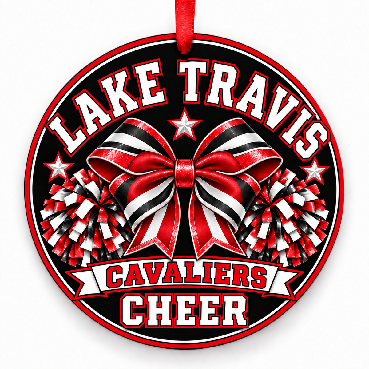 Lake Travis High School Cavaliers cheer bow and pom-poms Christmas ornament mockup