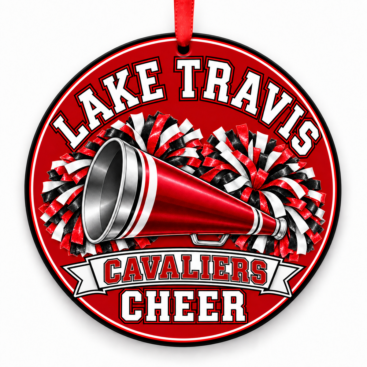 Lake Travis High School Cavaliers cheer megaphone and pom-poms Christmas ornament mockup
