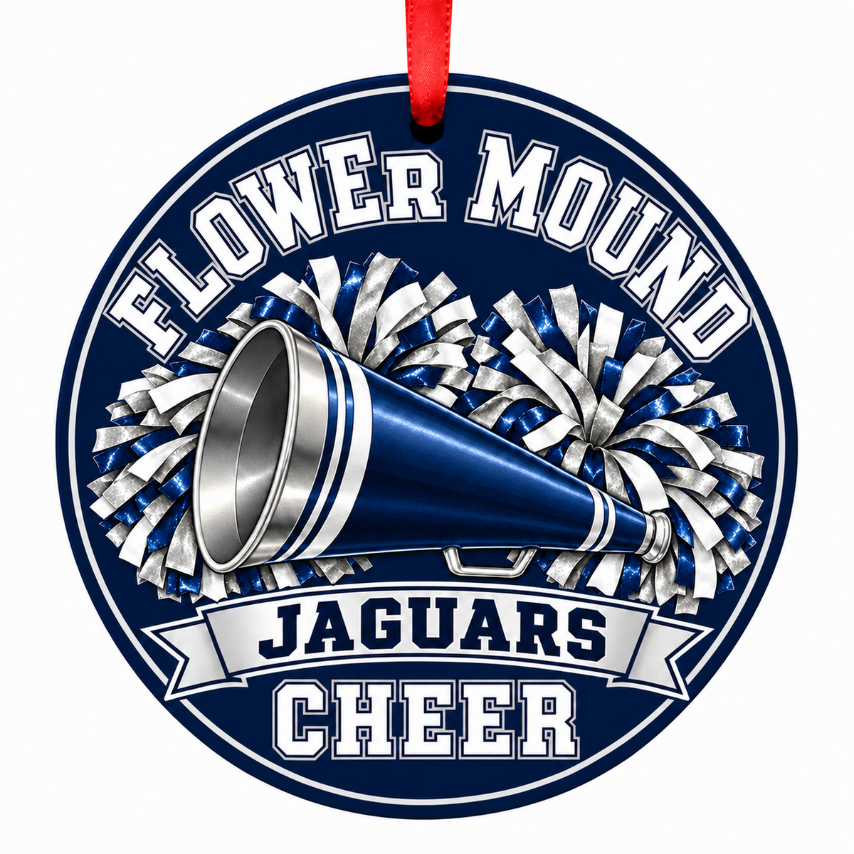 Flower Mound High School Jaguars cheer megaphone and pom-poms Christmas ornament in navy, silver, and white with red ribbon
