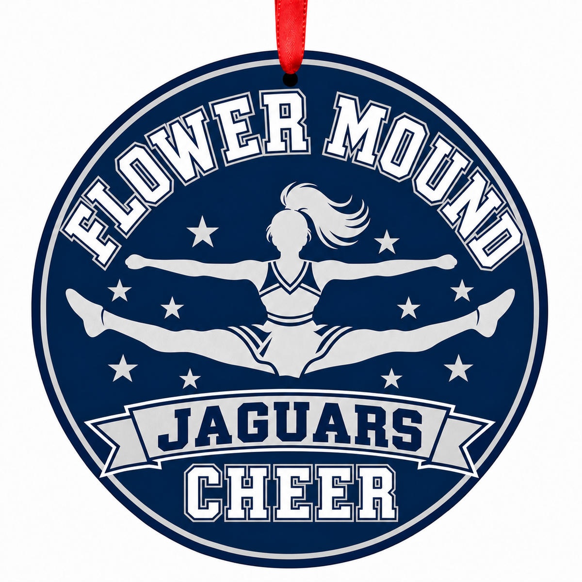 Flower Mound High School Jaguars cheer toe-touch jump Christmas ornament in navy, silver, and white with red ribbon
