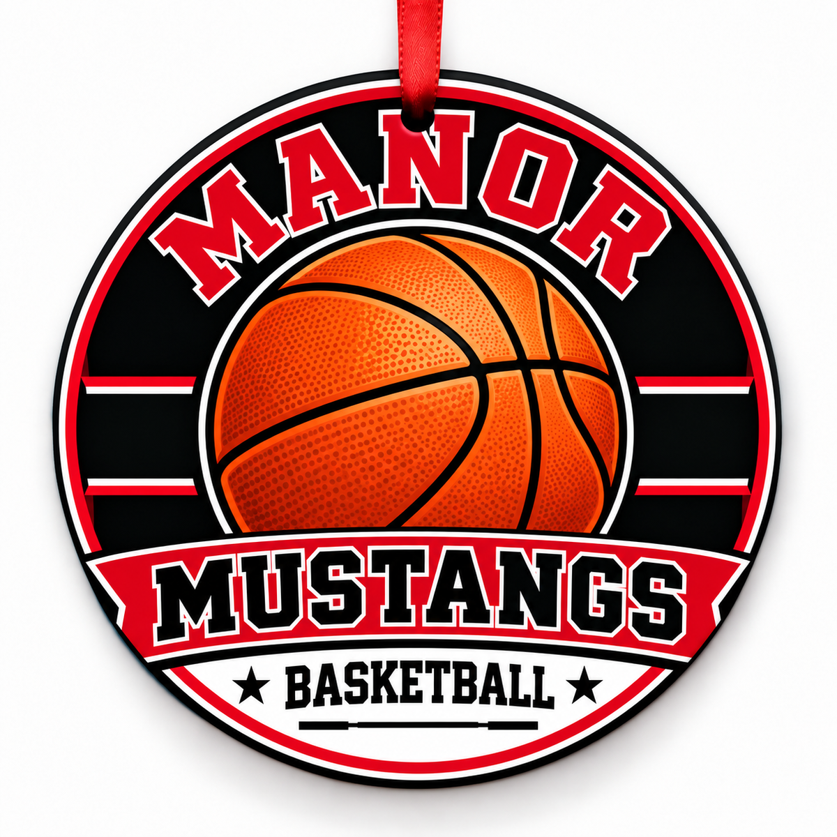 Manor High School Mustangs basketball round Christmas ornament with red ribbon